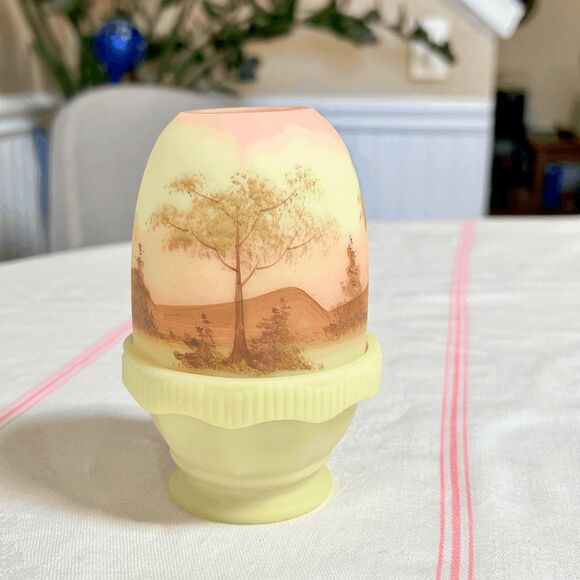 Vintage Fenton Burmese Glass Fairy Lamp Hand Painted Tall Trees - Picture 5 of 8